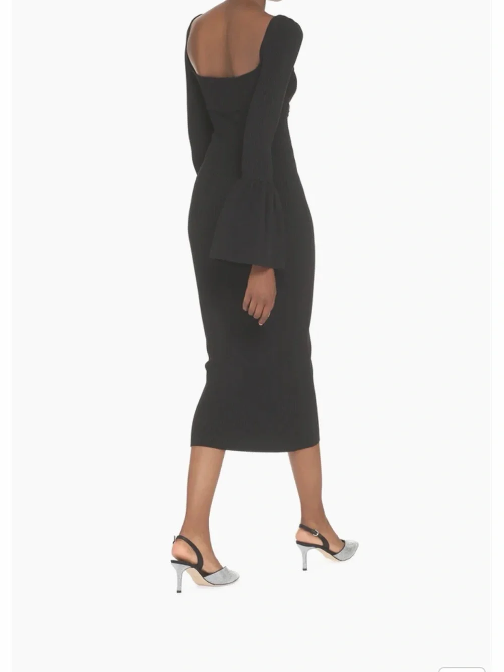Self-Portrait Size L Ribbed Midi Dress with Cutout & Bell Sleeves - Picture 2 of 7